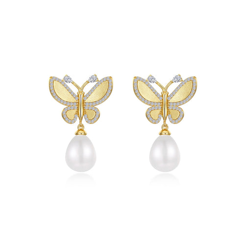 Statement Butterfly with Cultured Freshwater Pearl Drop Earrings-E0587PLG