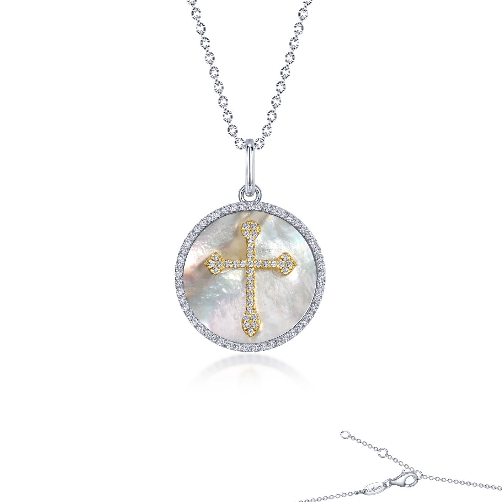 Cross on Mother of Pearl Disc Necklace-P0284PLT